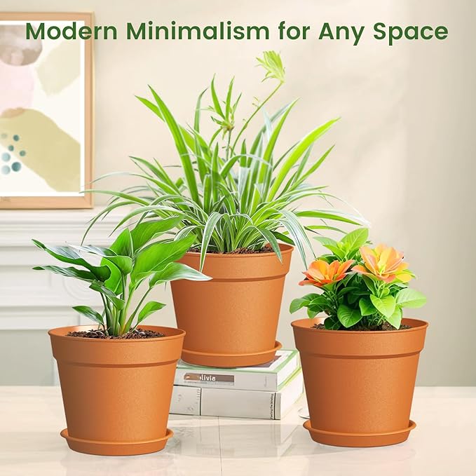 10 Pack 6 Inch Plant Pots with Drainage and Saucers, Plastic Flower Pots - Image 3