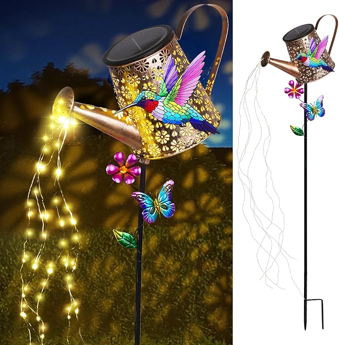 Solar Watering Can with Lights Outdoor Garden, 41in Large Hummingbird Garden - Image 3