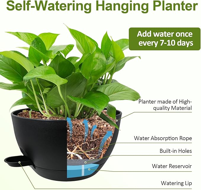 WOUSIWER Self Watering Hanging Planters, 2 Pack 10'' Plastic Pots - Image 6