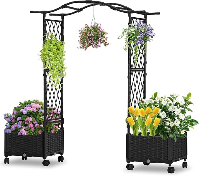 Planter Box with Trellis Outdoor, Plastic Raised Garden Bed Trellis Planter Box by yotoworthgardenhome