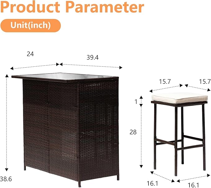 PayLessHere Rattan Bar Set 3Pcs Patio Wicker Bistro Set Sturdy Frame Bar Height - Image 7
