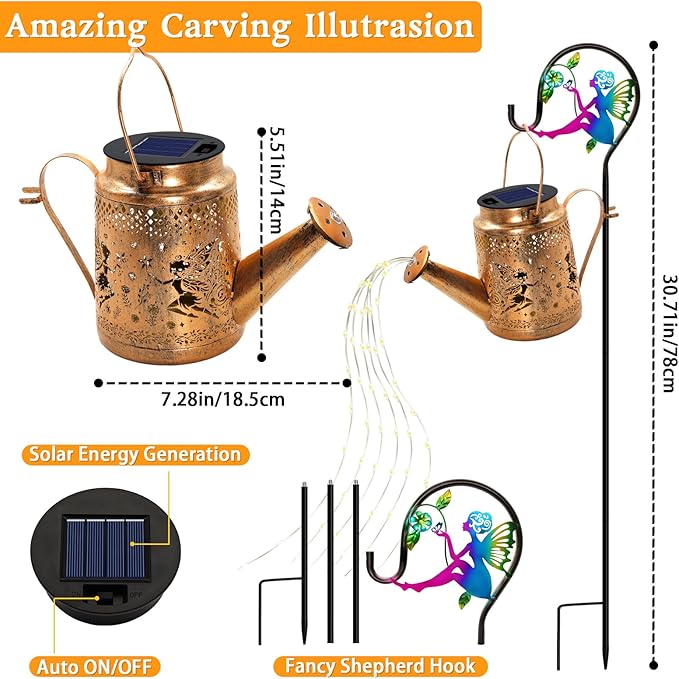 Solar Lanterns Outdoor Waterproof, Metal Watering Can Garden Decor, Fairy - Image 3