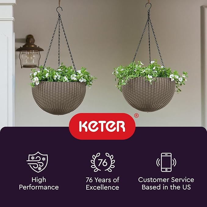 Keter Resin Rattan Set of 2 Round Hanging Planter Baskets - Image 6