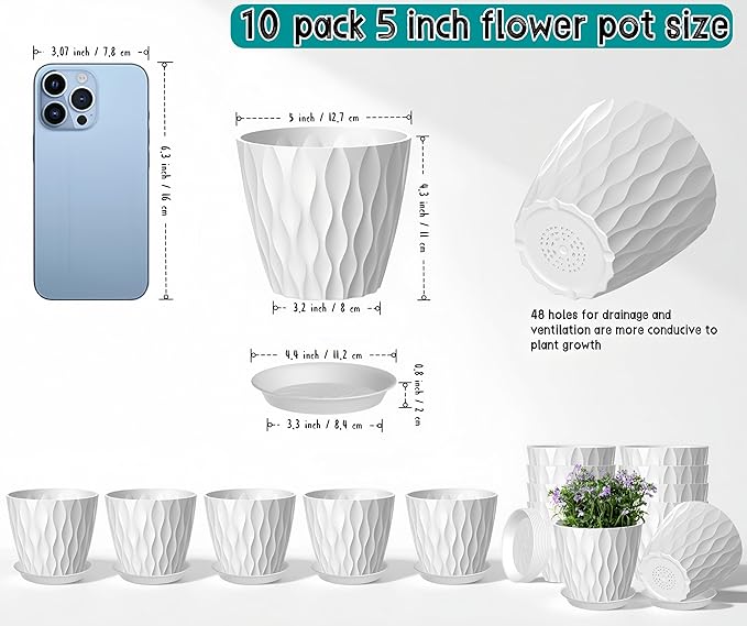 10 Pack 5 Inch Plant Pots with Drainage and Saucers, Stackable Nursery Planters - Image 2