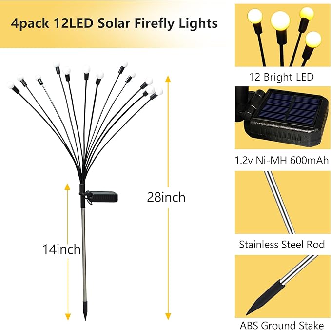Solar Garden Lights Outdoor, 4 Pack 40 LED Solar Firefly Lights Waterproof - Image 2
