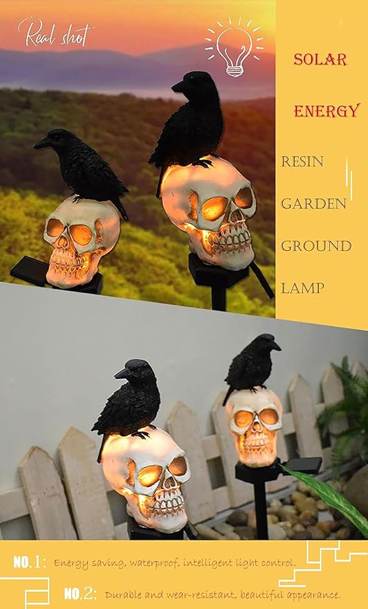 Outdoor Solar Lights, Crow Solar Lights Outdoor Waterproof Halloween Skull Light - Image 5
