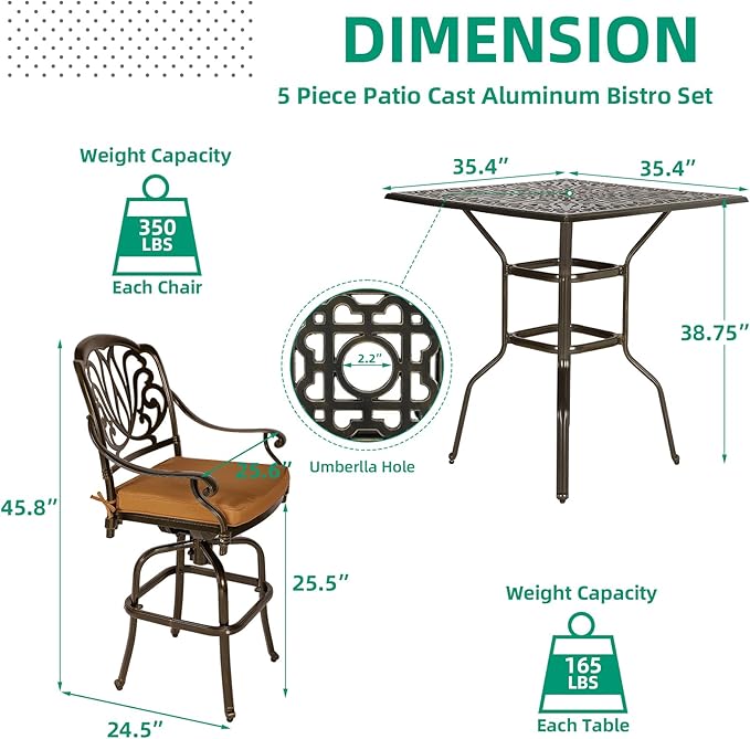 VIVIJASON 5-Piece Bar Height Patio Dining Set, All Weather Cast Aluminum - Image 6