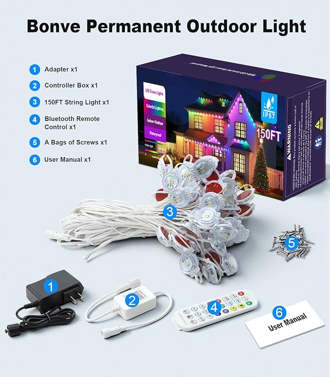 150FT Permanent Outdoor Lights for House, Smart Color Change LED Waterproof - Image 8