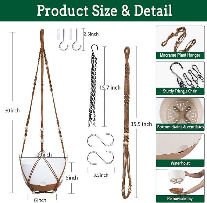 2 Pack Hanging Planters Set, 10 Inch Indoor Outdoor Hanging Plant Pot Basket - Image 3