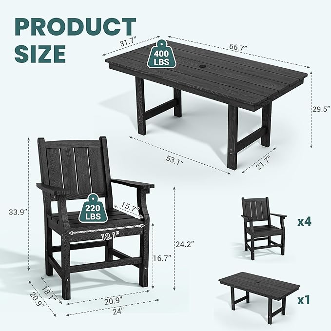 Pamapic 5-Piece Outdoor Dining Set, HDPE Outdoor Rectangular Table and 4 Chairs - Image 8
