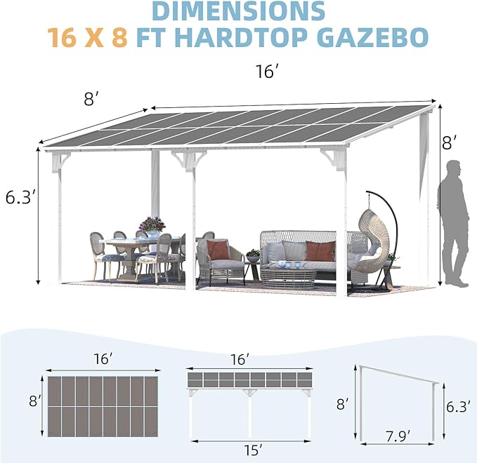 AECOJOY 16' x 8' White Gazebo Outdoor Pergola - Image 5