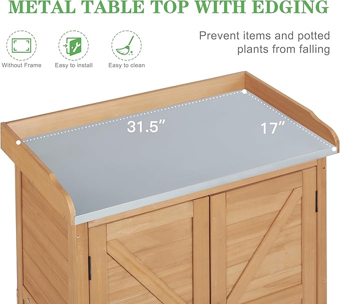 Outdoor Potting Bench with Storage Cabinet and Metal Top, Wood Workstation - Image 3
