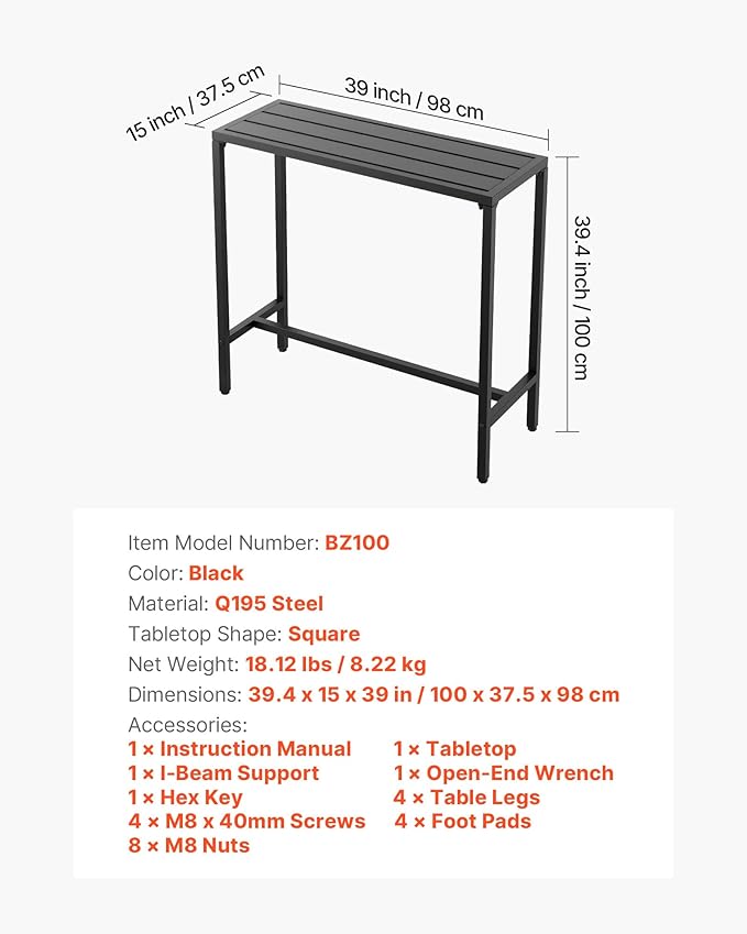 VEVOR Outdoor Bar Table, 39.4 x 15 in Patio Bar Table, Waterproof Top & Sturdy - Image 3