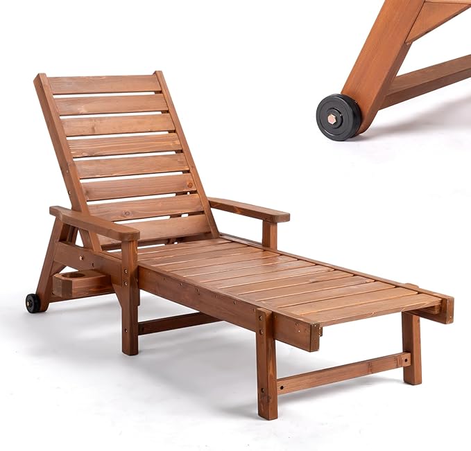VINGLI Outdoor Chaise Lounge Chair, Wooden Patio Lounger Chair by VINGLI