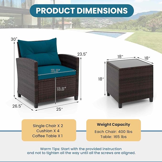 Tangkula 3 Pieces Patio Furniture Set, PE Rattan Wicker 3 Pcs Outdoor Sofa Set - Image 8