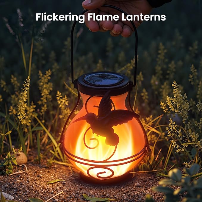 Solar Lanterns Outdoor Waterproof Flickering Flame Lights Hummingbird Metal - Image 2