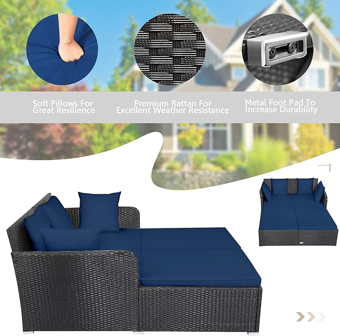 COSTWAY Outdoor Patio Rattan Daybed, Sponge Cushioned Loveseat Sofa - Image 4