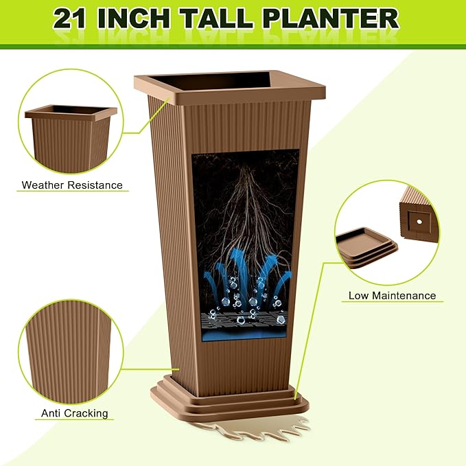 FENCY Set of 2 Tall Planters for Outdoor Plants, 24 Inch Large Tapered Pots - Image 3