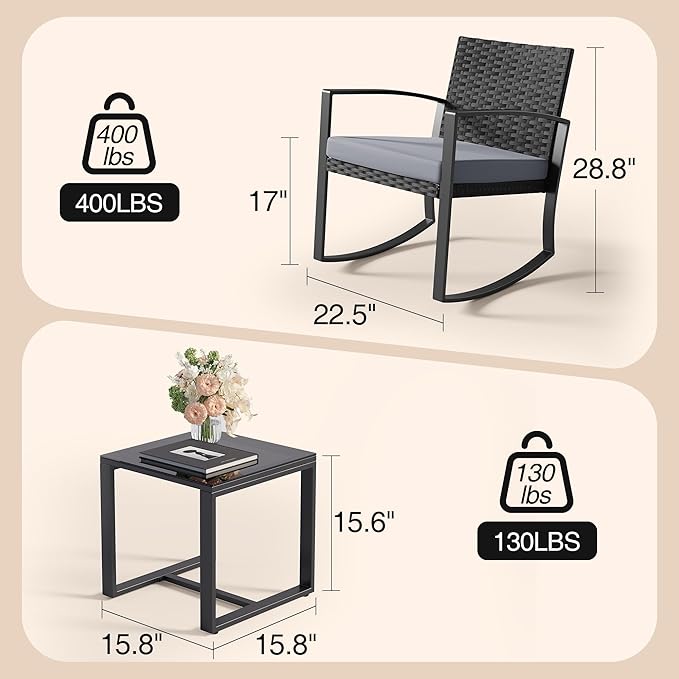 3 Pieces Outdoor Patio Furniture Set Rocking Bistro Set Outdoor Rattan - Image 2