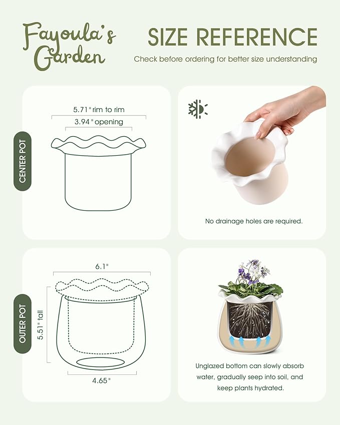 Self Watering Plant Pot, 6 Inch African Violet Pots Maintenance, Ceramic - Image 4