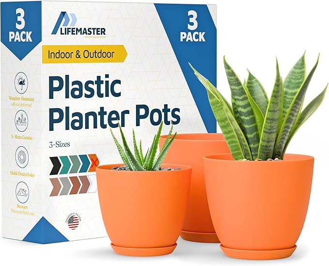 Yellow Plant Pots with Drainage Holes & Saucers 3 Pack, Indoor & Outdoor by LIFEMASTER