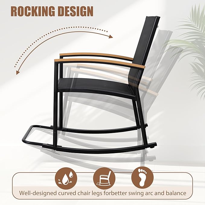 Shintenchi 3 Piece Outdoor Rocking Bistro Set, Textilene Fabric Small Patio - Image 2