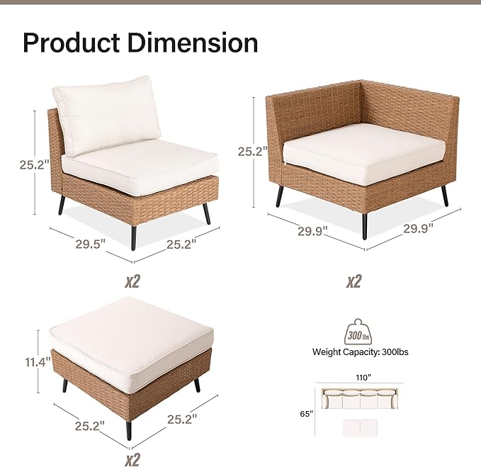 LAUSAINT HOME Outdoor Patio Furniture, 6 Piece Outdoor Sectional Sofa PE Rattan - Image 6