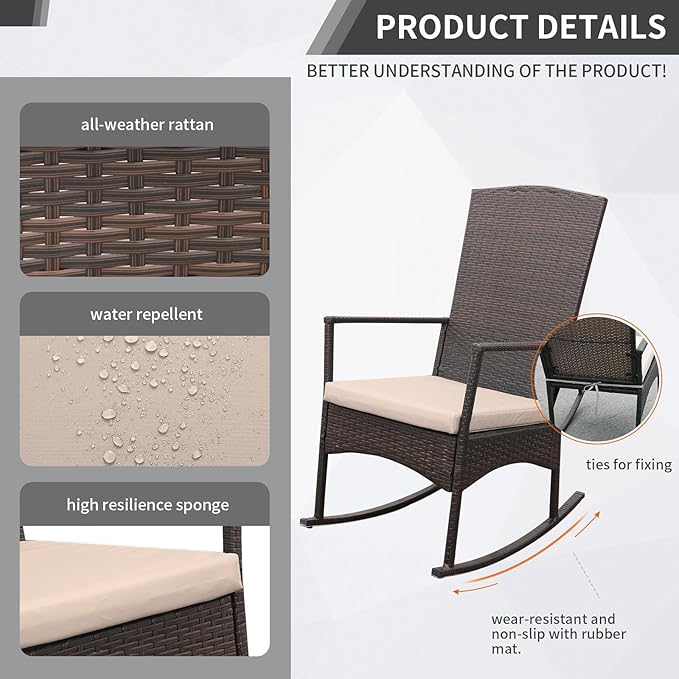 Outdoor Rocking Chair 3 Pieces High-Backed Rocking Chair Patio Rocking Chairs - Image 5