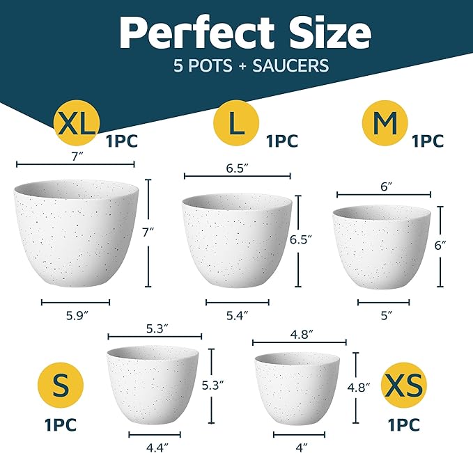 White Gray Plant Pots with Drainage Holes & Saucers 5 Pack, Indoor & Outdoor - Image 2