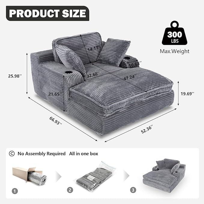 67" Oversized Chaise Lounge Chair Indoor, Soft Boneless Cloud Couch - Image 2