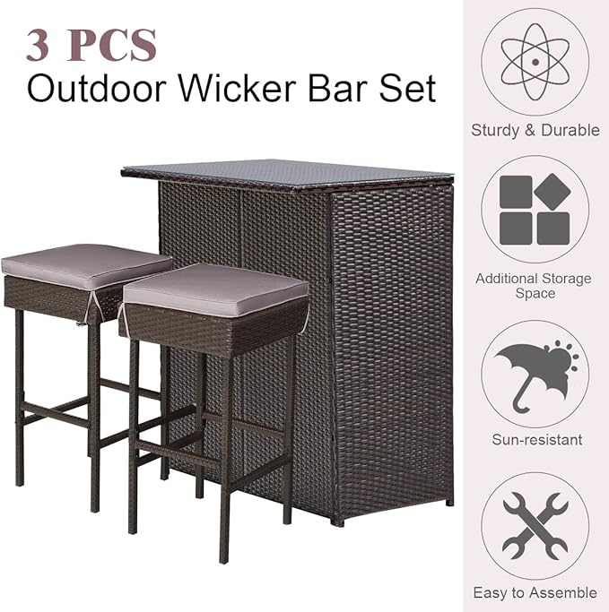 Tangkula Patio Bar Set, 3 Piece Outdoor Rattan Wicker Bar Set - Image 8