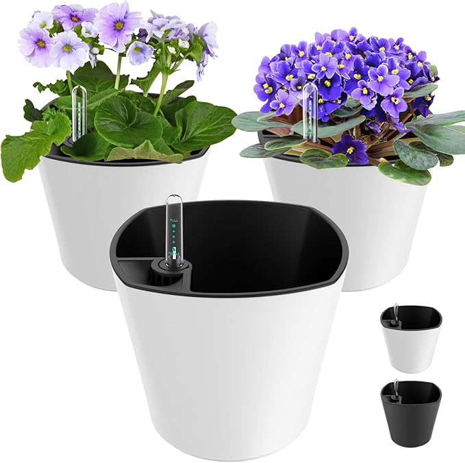 7 inch Plant Pots 3-Pack, Self Watering Flower Pots Indoor Outdoor, African by GsGardenSpecialty