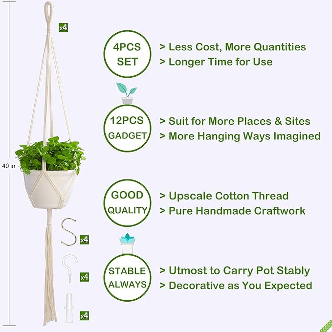 Macrame Plant Hangers Indoor Macrame, 4 Pack Hanging Planter Holder - Image 2