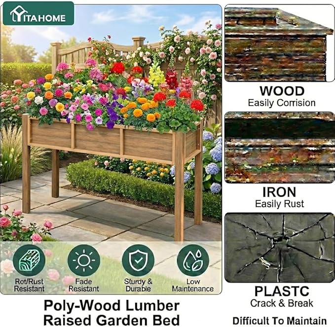 YITAHOME 48x18x30in Raised Garden Bed, Weather Resistant Poly Lumber Planter Box - Image 3