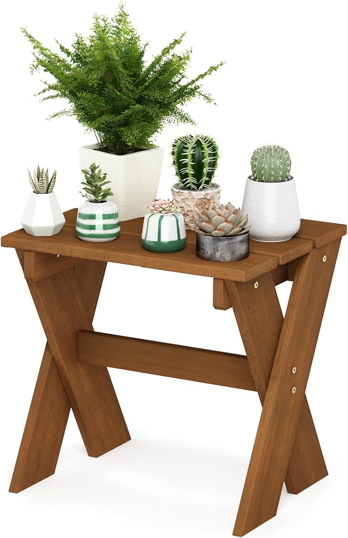Furinno Tioman Outdoor Side Table Flower Stand, Dark Red Meranti Hardwood by Furinno-FitsYourSpaceFitsYourBudget