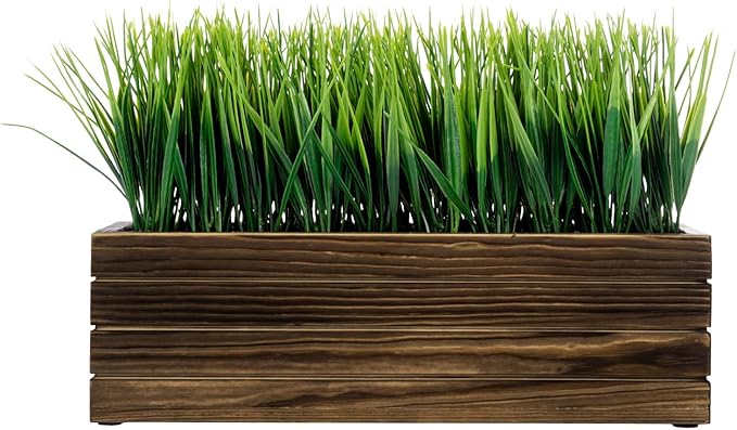 MyGift 14 Inch Artificial Green Grass Plant in Rustic Burnt Solid Wood by MyGiftHome