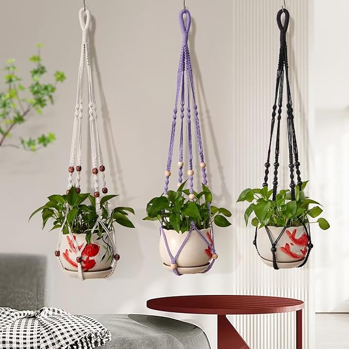 3 ft Macrame Plant Hanger Indoor Handmade Large Long Wall Window Black Hanging - Image 4