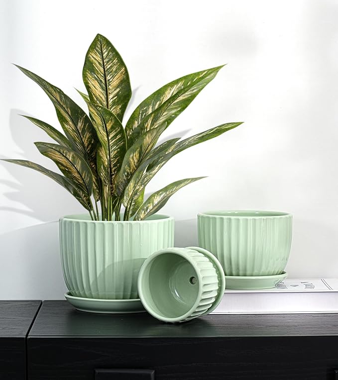 Ton Sin Flower Pots, Light Green Ceramic Plant Pots Set of 3, Small Glazed - Image 6