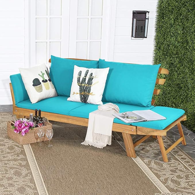 Tangkula Convertible Acacia Wood Patio Couch Sofa Bed - Image 4