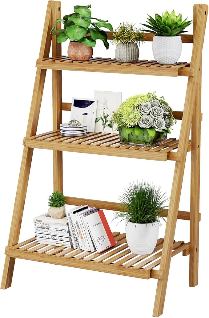 39.4" Foldable Plant Shelf Ladder Shelf, 3 Tier Bamboo Ladder Flower Pot by OAKVIVOElegantLifestyle
