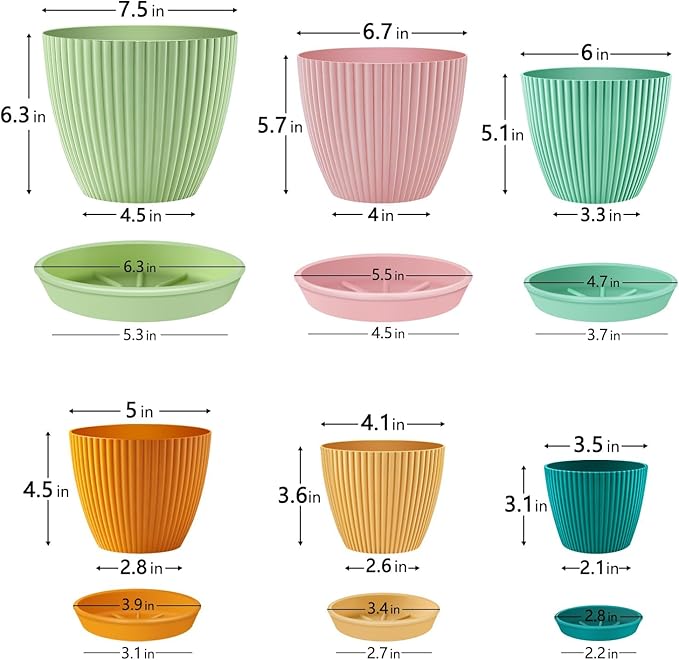 SupKing Plant Pots with Drainage Saucers 7.5/6.7/6/5/4/3.5 Inch Set of 6 - Image 2