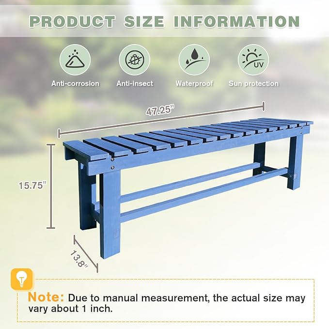 Outdoor Garden Wood Bench, 3-Person Weatherproof Wooden Bench Park Narrow Bench - Image 2