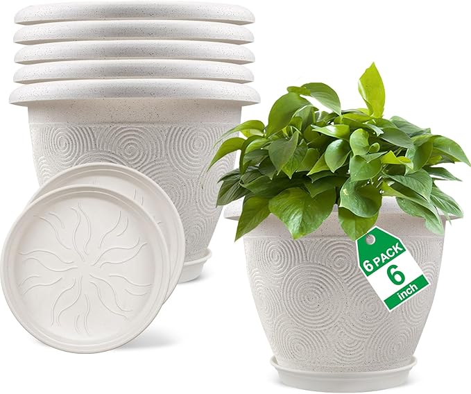 6 Inch Flower Pots Planters for Indoor Outdoor Plants, 6 Pack Plastic Small by Fodetyff