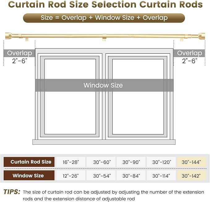 Gold Curtain Rod Itself is 30-144 inch 2 Pack, Fit 30 to 142, 66 to 120 inch - Image 4