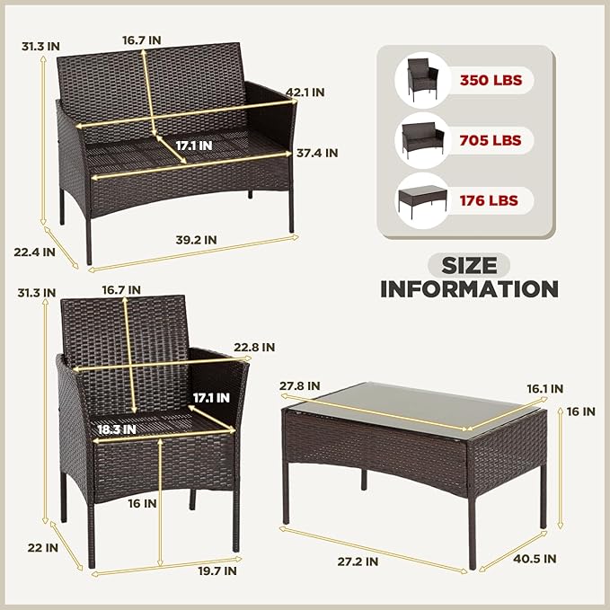 FDW | 4-Piece Patio Furniture Set | Brown & Red | Outdoor Wicker Furniture - Image 2