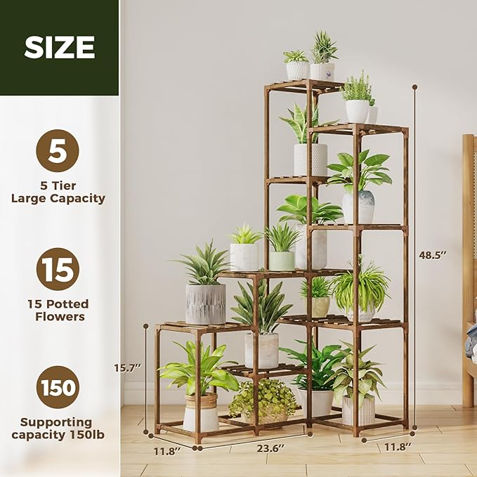 Bamworld 55“ Tall Plant Stand Indoor Outdoor Corner Plant Shelves Wood Plant - Image 6