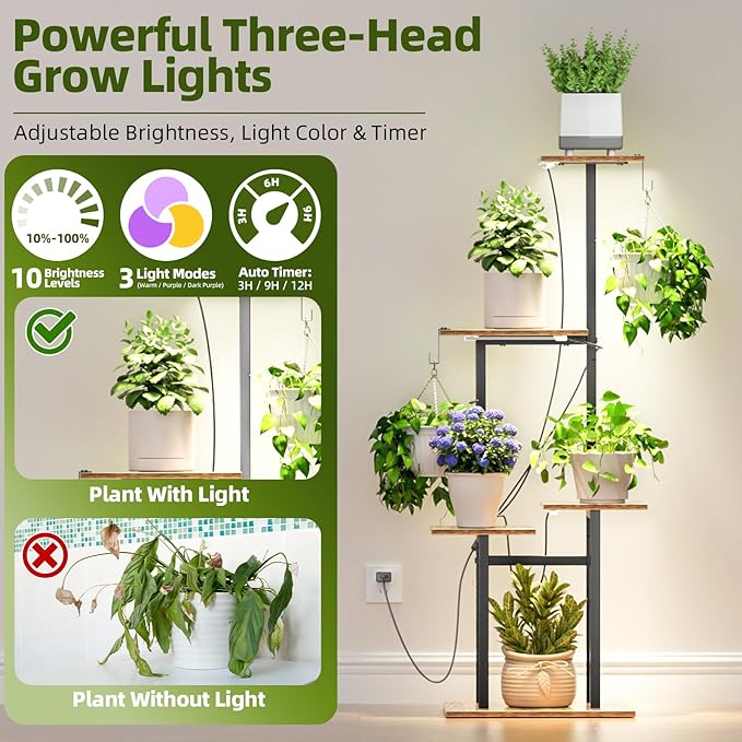 Plant Stand Indoor with Grow Lights, 2 Hanging Hooks, 5-Tiered Tall Plant - Image 2