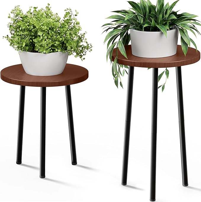 Plant Stand Indoor 2 Pack: Plant Table 14''&20'' Wooden & Metel Heavy Duty by SAKSUNFORYOU