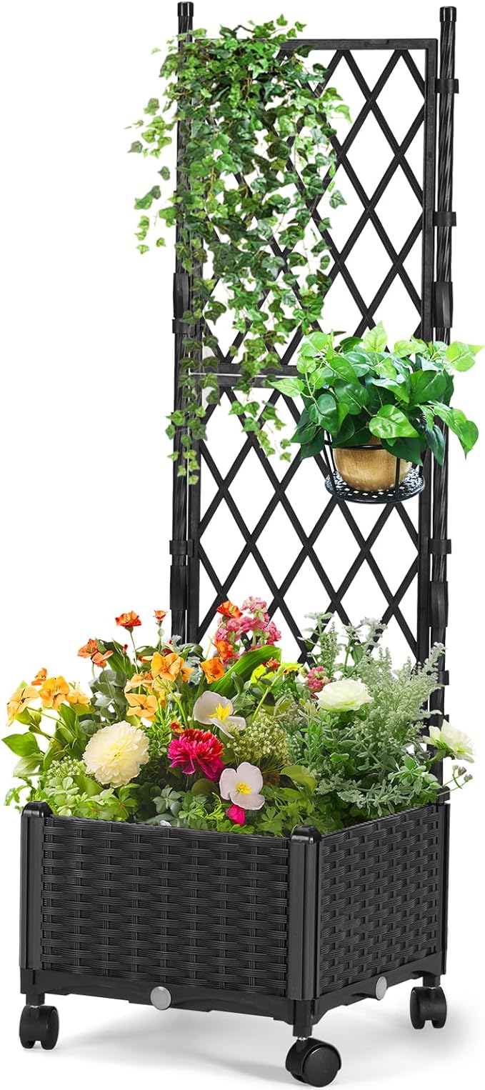 Planter Box with Trellis, 4ft Tall Self-Watering Plastic Raised Garden Beds and by follook