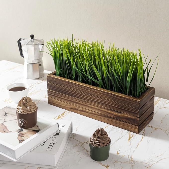 MyGift 14 Inch Artificial Green Grass Plant in Rustic Burnt Solid Wood - Image 4